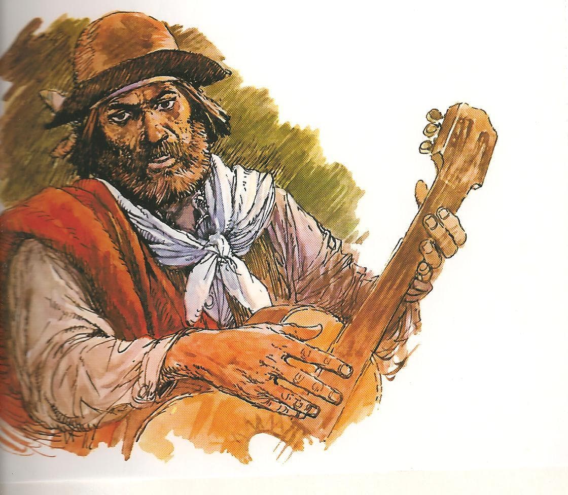 Ilustración de Martín Fierro con guitarra